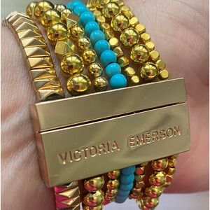 Victoria Emerson 7 Layer Gold Turquoise Bead Cuff Bracelet Stack